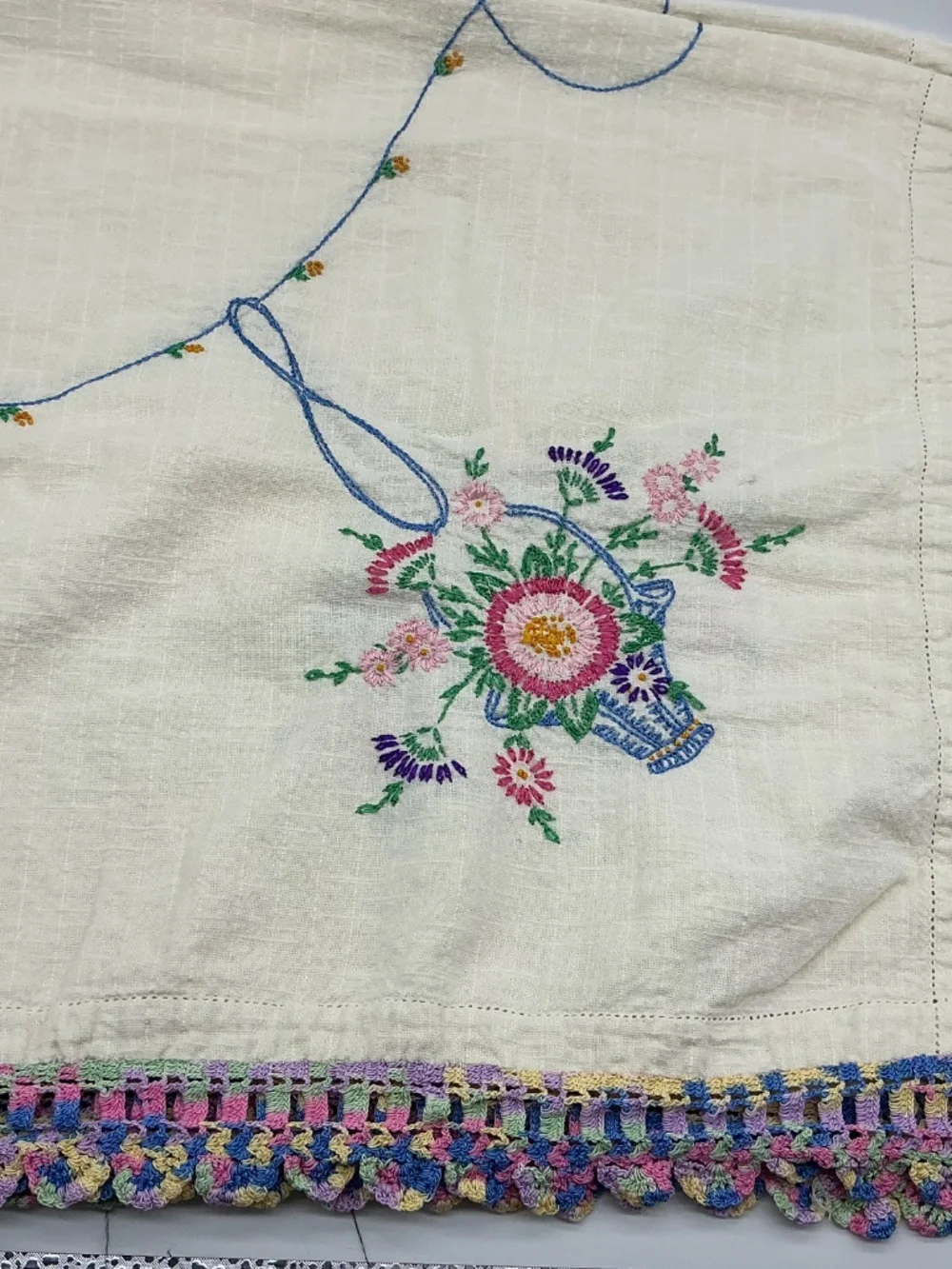 Vintage Hand Embroidered Table Cloth Crochet Edge